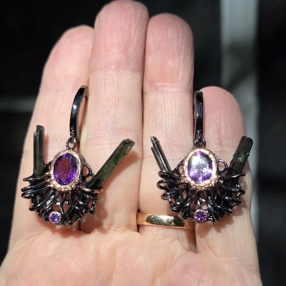 Amethyst & Tourmaline sterling rhodium & gold modern deco earrings - Picture 3 of 12